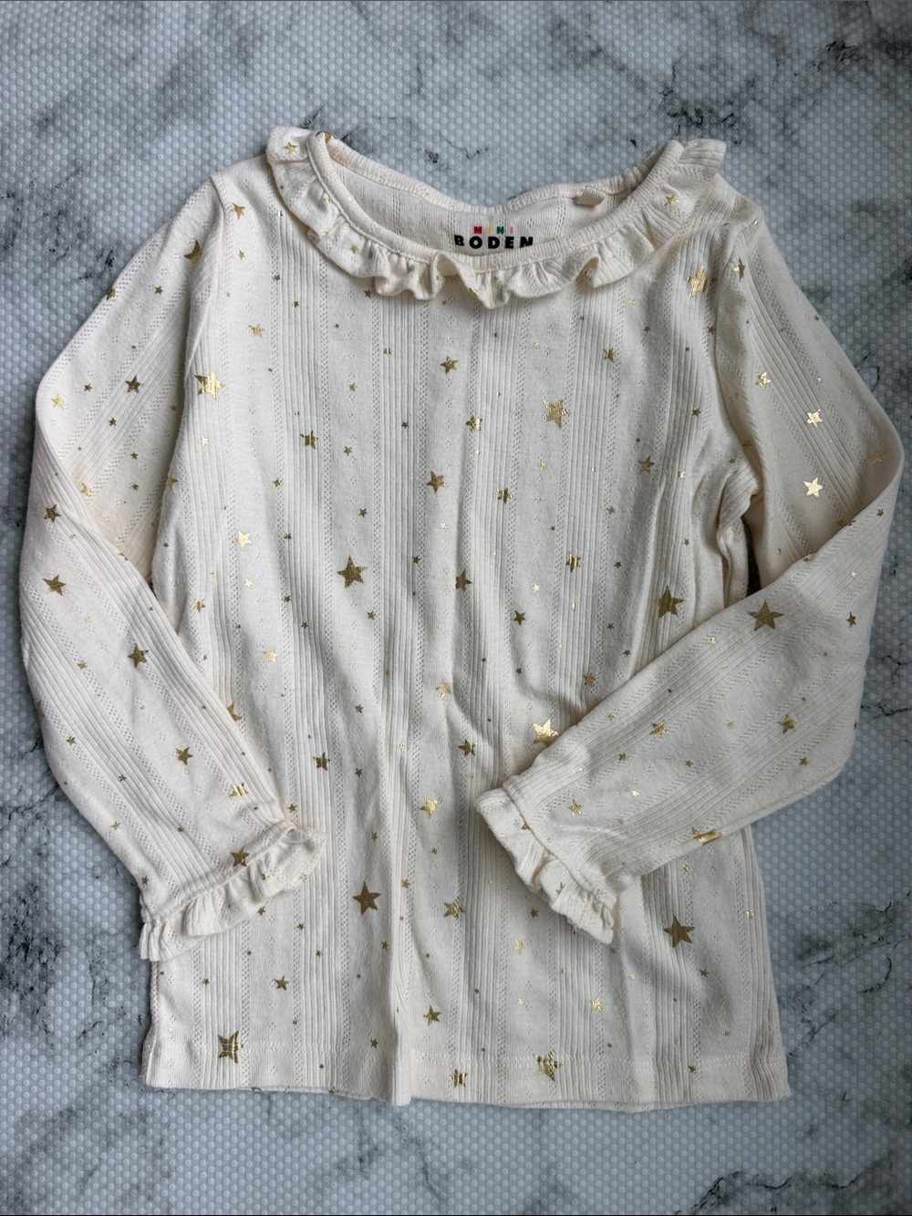 Boden Cream Long-Sleeve Top with Gold Star Print and Ruffle Neck